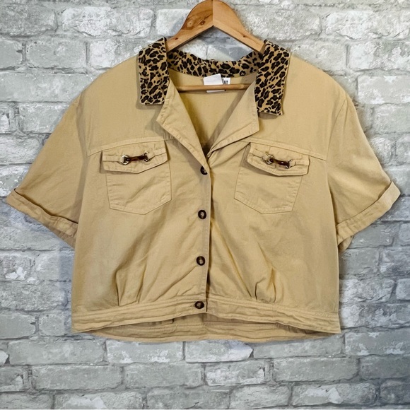 Vintage Nina Piccalino Women's 16 Khaki Button Up Shirt w Velvet Leopard Collar - Picture 1 of 8